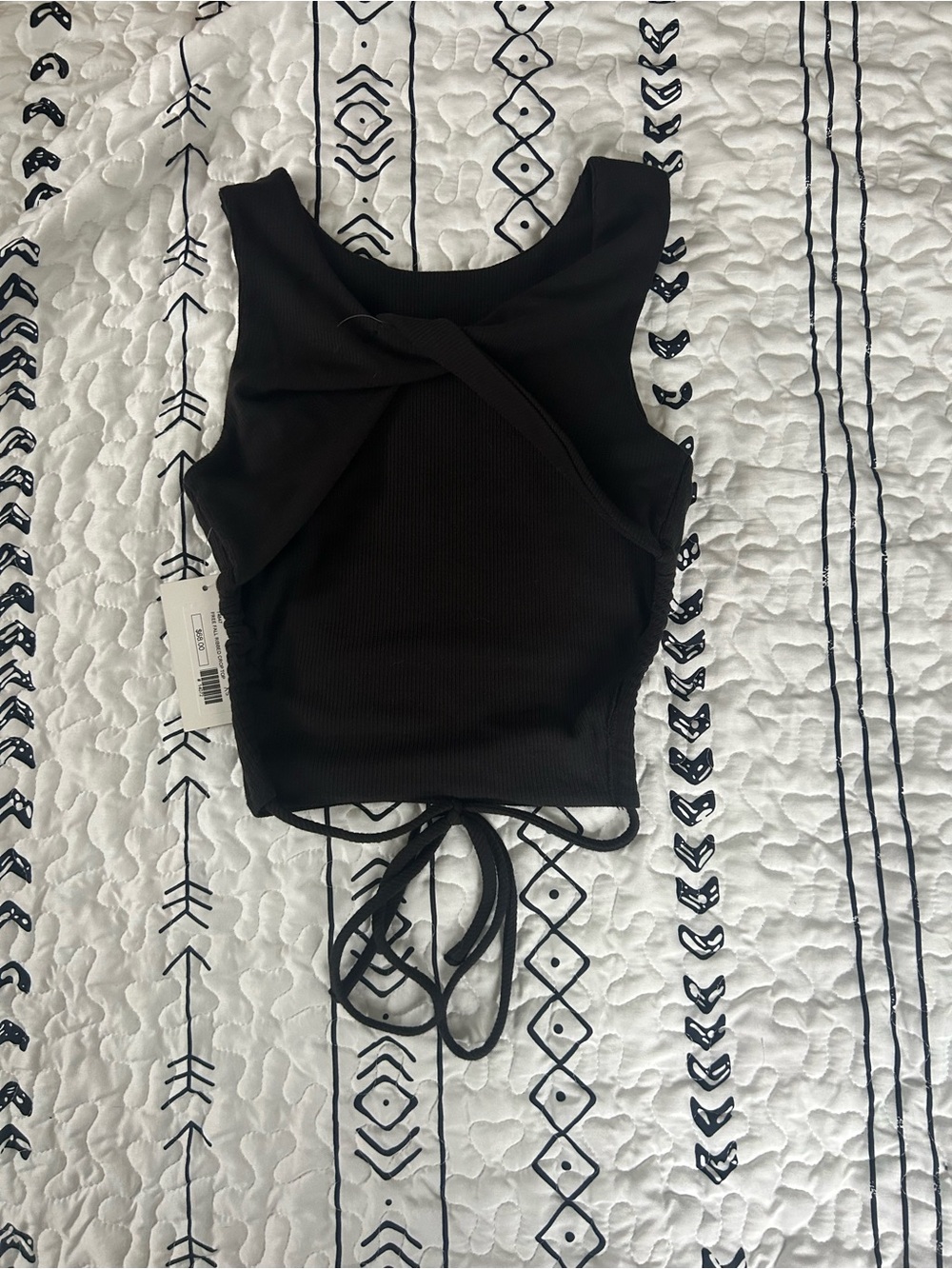 Black Ribbed Drawstring Crop Tank Top - Picture 2 of 2